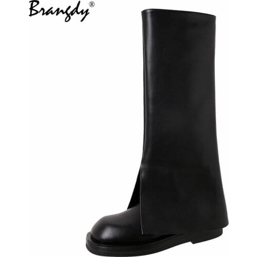 Brangdy 2022 Women Knee Hight Knight Sewing Boots Genuine Leather Fashion Women Shoes Round Toe Slip On New Women Winter Boots