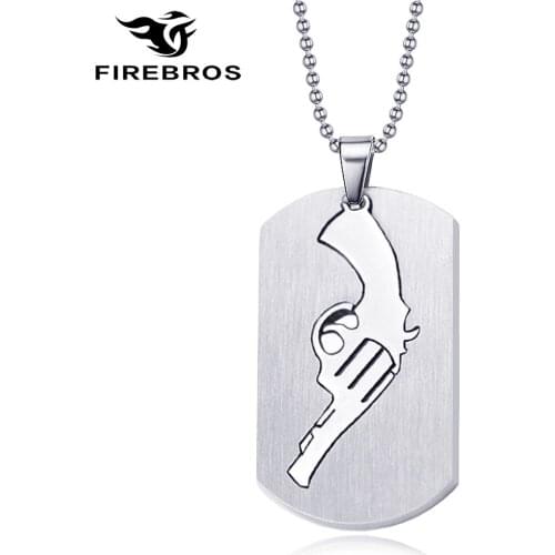 FIREBROS Free 20/24" Chain Silver Color Stainless Steel Gun Pistol Dog Tag Pendant Necklace Men Boy Kids Jewelry Gift Wholesale
