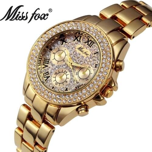 MISSFOX Women Watches Luxury Clocks Women Fashion Fake Chronograph Roman Numerals 18K Gold Ladies Watches Quartz Wristwatch 3ATM