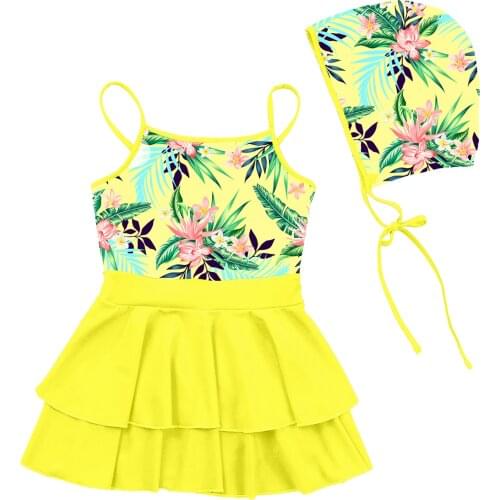 Kids Girls Swimming Suit Adjustable Straps Sleeveless Layered Dress with Hat Set Children Beach Swimwear Surfing Bathing Suits