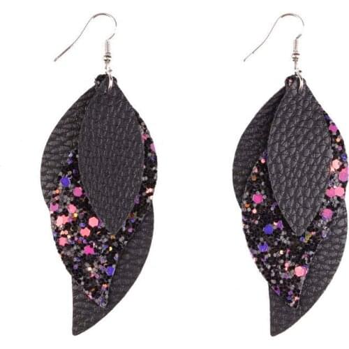 E6966 ZWPON Three Layered Glitter Leather Earrings for Women New Vegan Leather Leaf Earrings Jewelry Wholesale