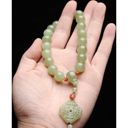 Natural hetian green jade bracelet unique jadite jade bangle rosary with tassel men women prayer jade jewelry christmas bracelet
