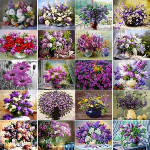 Gatyztory Oil Painting By Numbers HandPaintged Draw On Canvas Purple Flower Vase Acrylic Living Room Decoration Diy Gift