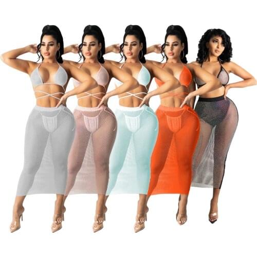 Sexy Bra Mesh Bikini Skirt Sets Woman Swimsuit Halter Backless Bandge Crop Top and Long Skirts 2 Pieces Fishnet Beach Wear Cover