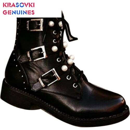Krasovki Womens Short Boots 2020 New for Autumn Winter Female Chunky Heel Vintage Pearl Lace Up Fashion Causal Women Ankle