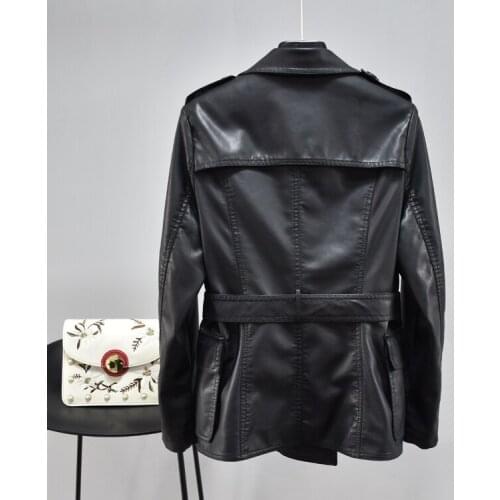 Women Faux Korean Black Fashion Womens Leather Jacket Spring Autumn Sashes Abrigo Mujer Pph575