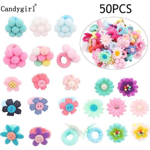 50pcs Hair Bands for Girls Little Flower Bows Small Dogs Charms Gift Scrunchy Decorations Hair Accessories