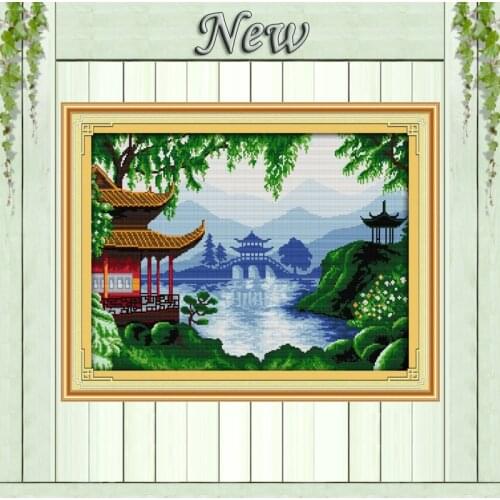 Garden views lake Chinese style scenery Counted printed on fabric Cross Stitch Needlework kits DMC 14CT 11CT DIY Embroidery Sets