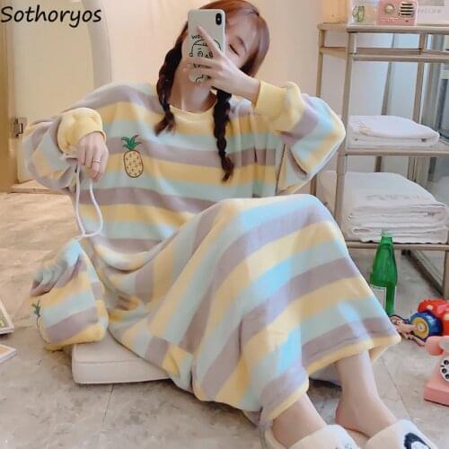 Nightgowns Women Flannel Velvet Striped Kawaii Round Neck All-match Sleepwear Womens Loose Cute Chic Soft Breathable Ulzzang New