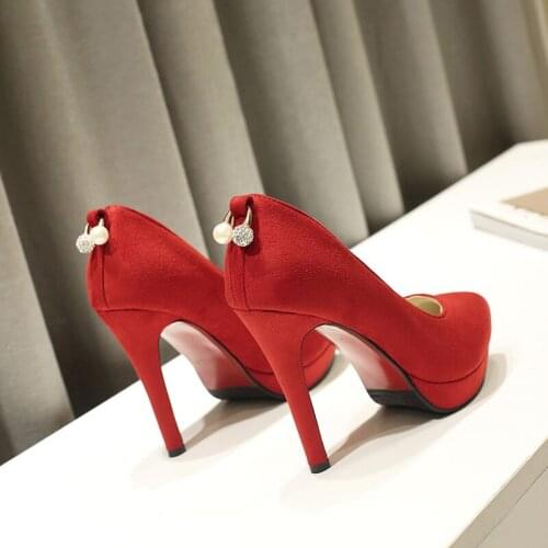 New Pointed Shallow Mouth Single Female Waterproof Platform High Heels Red Dress Shoes Stiletto Bridal Wedding Shoes