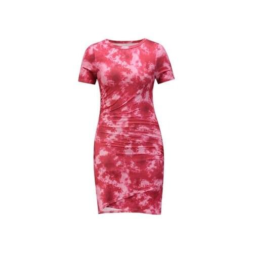 Summer womens new round neck short sleeve sexy thin irregular high waist dress fashion slim print mini dress