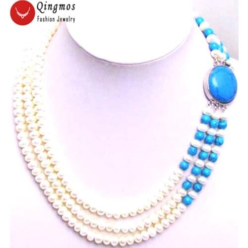 Qingmos Natural Pearl Neckalce for Women with Blue Turquoises & 6mm Flat Round 3 Strands Pearl Chokers Necklace Jewelry nec5200