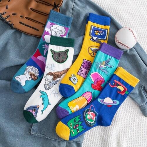 PEONFLY Harajuku Style Couple Socks Creative Art Colorful Funny Happy Socks Casual Hip Hop Skateboard Socks Womens Dress Sock