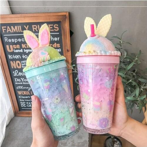 Rabbit Ear Plastic Water Bottle Large Capacity double Colorfully student Pink Yellow Green Summer Straw Ice Cream Cup