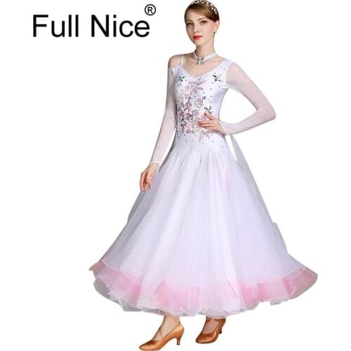 Luxurious Embroidery Floral Pattern White Pink Ballroom Dance Dress Long Length Modern Dance Costume Waltz Wear Flamenco Rumba