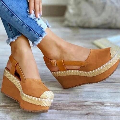 Womens Casual Simple Cloth Stitching Braided Belt Buckle Wedge High Heel Sweet All-match Casual Fashion Sandals