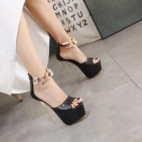 16cm Black Heels Ladies Chain Rhinestones Ankle Sexy Stripper Heels Fashion Platform Sandals Women High Heels Pumps Female Shoes
