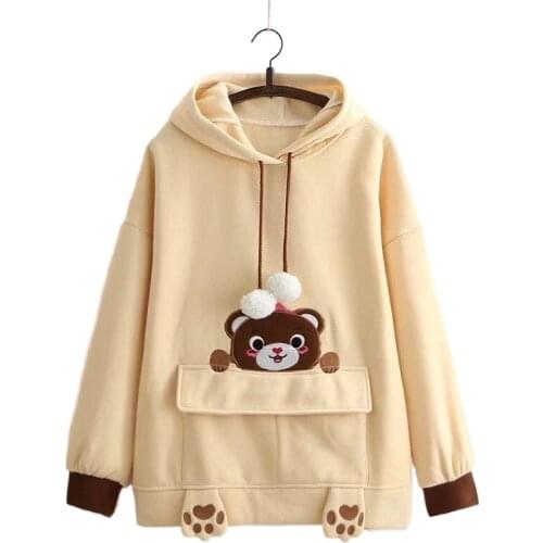 Mori Girl Style Womens Harajuku Cartoon Bear Embroidery Hooded Sweatshirt Fleece Thick Hoodies With Ears On Hood Pullover RX002