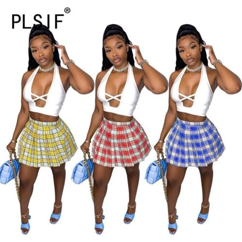 Deep V Neck Sleeveless Crop Top And Grid Print Dress 2 Pieces Set Sexy Tight Club Tracksuits