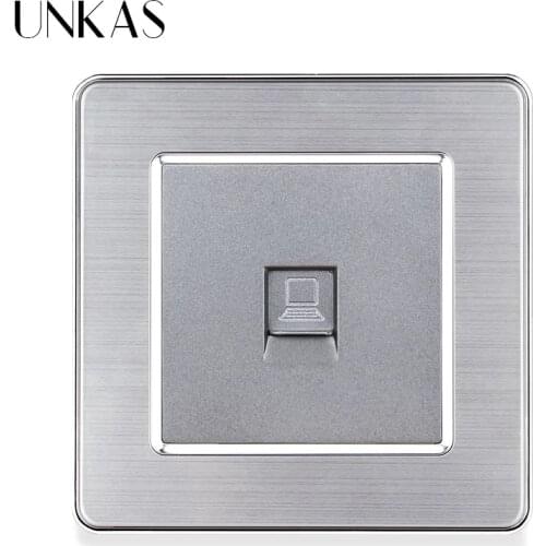 UNKAS Gray Luxury Stainless Steel Panel RJ45 Internet Computer Jack Wall Port Power Socket 86MM * 86MM Electricity Grey Outlet