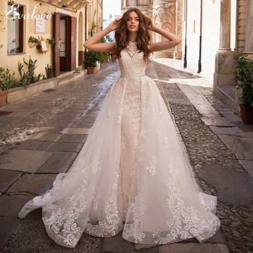 EVALOVE Gorgeous Appliques Detachable Train Mermaid Wedding Dress Elegant O-Neck Cap Sleeve Sashes Beading Vintage Bridal Gown