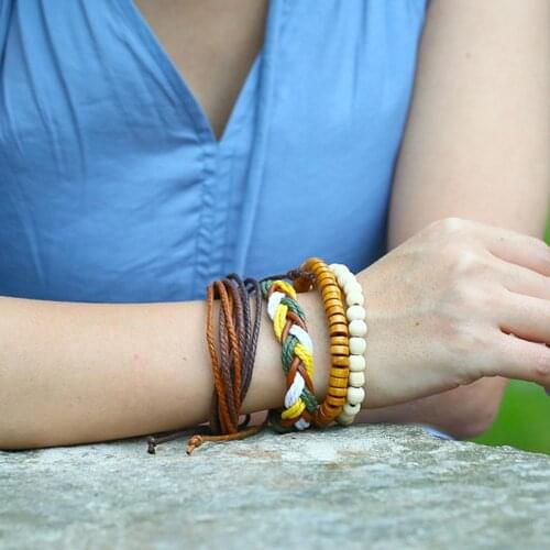 4Pcs/Set Vintage bohemia Fairy Women Wooden Beads Faux Leather Weave Bracelet Bangle Charms Wristband Gift pulseira feminina