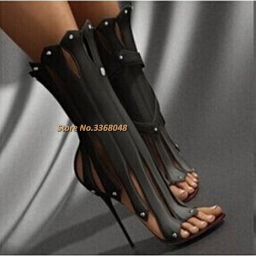 High Quality High Heels Sandals Stiletto Gladiator Sandals Bootie Summer Boots Rivet Hollow out Women Shoes