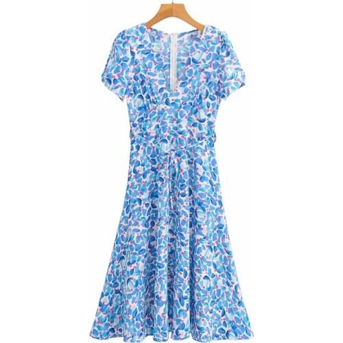 YENKYE Blue Print Summer Dress 2021 Women Short Sleeve V Neck Sashes A-line Holiday Casual Ladies Dress Midi Vestido