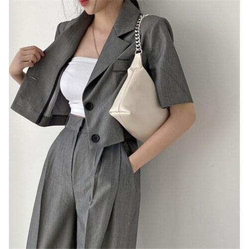 Summer Pant Suits Women 2 Two Piece Set Short Sleeve Crop Blazer + High Waist Straight Pants Office Lady Blazer Outfits Vetement