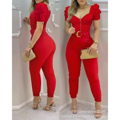 2021 new womens temperament red V-neck casual one-piece suit