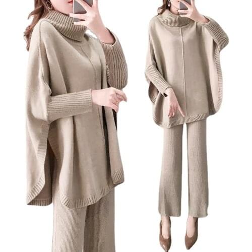 Loose knit suit women foreign style 2021 new fashion temperament autumn and winter high-neck base sweater two-piece set