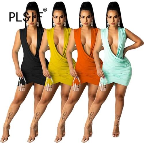 Deep V Neck Solid Dress Women Summer Solid Short Mini Dress Ladies Vestido Femme