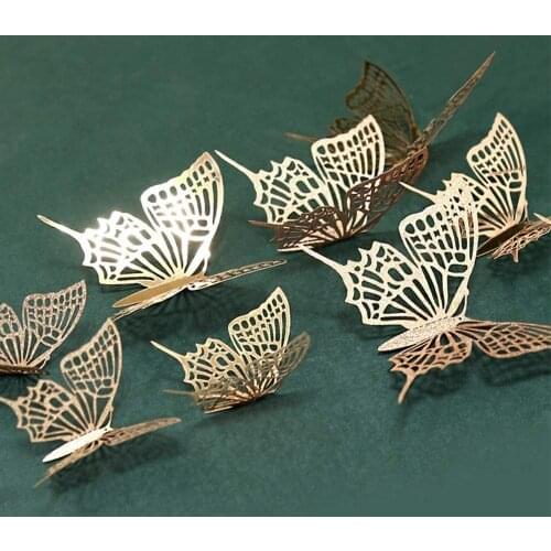 48PCS Champagne Butterfly Hollow 3D Butterfly Wall Sticker Glitter Paper Butterflies Wall DIY Decal Home Living Room Decorations