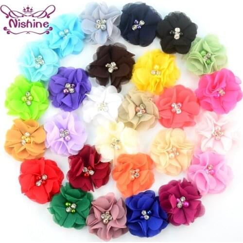 9pcs/lot Hand Sewing Flower with Rhinestone Beads Solid Color Headwear Accessories DIY Handmade Materials Gift Box Decoration
