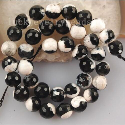 Free shipping Women 10mm Black White Carnelian Faceted Ball Loose Beads FG6148