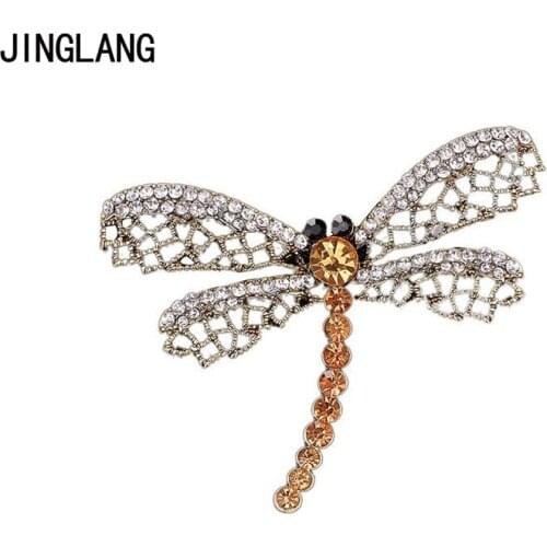JINGLANG Vintage Bronze Color Animal Brooches Pins Rhinestone Pierced Dragonfly Brooches For Men Dress Decoration Jewelry