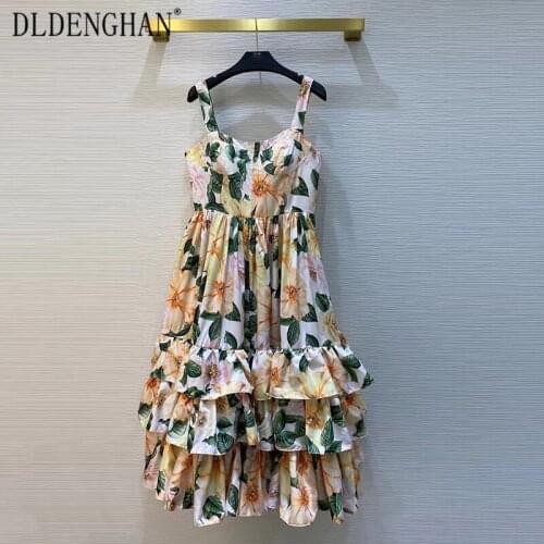 DLDENGHAN Fashion Camellia Floral Print Summer Dress Women Spaghetti Strap Backless Cascading Ruffle Vacation Dress Designer New