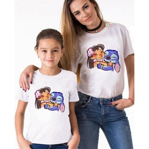 Fashion Women T Shirts Lilo And Stitch Cute Cartoon Printed Family Matching T Shirts Family Outfits Baby Girl Boys Clothes