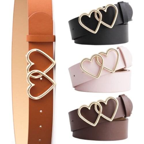 Hot Selling Womens Belt Faux Leather Belts For Women Double Heart Metal Pin Buckle Punk Belt Jeans Wide Candy Color Waist Belt