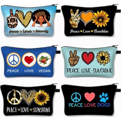 Peace Love Sunshine Cosmetic Bag Women Makeup Bags Beauty Dog Flower Ladies Cosmetic Case Girls Lipstick Holder Bag Gift