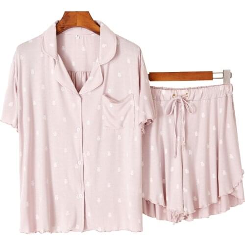 Summer Home Clothes Womens Cotton Printed Pajamas Short Sleeve Shorts Two Piece Set White Pink Colors Pijamas for Women