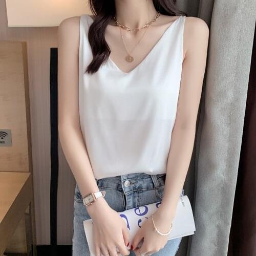 Summer V-neck Cami Top Solid Color Silk satin Womens Loose Sling 2021 women tops