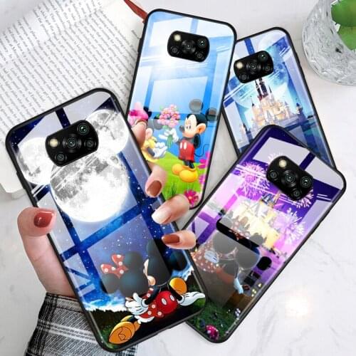 Mickey Minnie cute for Xiaomi POCO X3 NFC F3 M2 X2 F2 Redmi K30 Redmi Note 9 Pro Luxury Tempered Glass Phone Case Cover