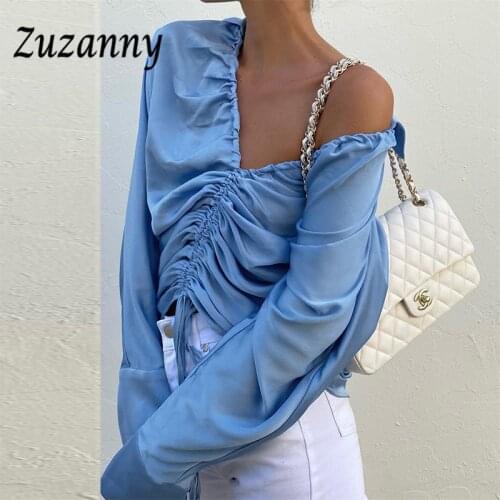 Zazunny Ruched Drawstring Sexy Shirts Women Fashion 2021 V Neack Blue Casual Long Sleeve Tops Y2K Street Wear Ladies Blouses