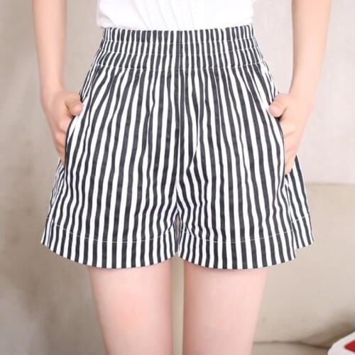Summer Blended Cotton Striped Shorts Women Casual Fashion Wide Leg Shorts Plus Size Loose Leisure Shorts S-2XL