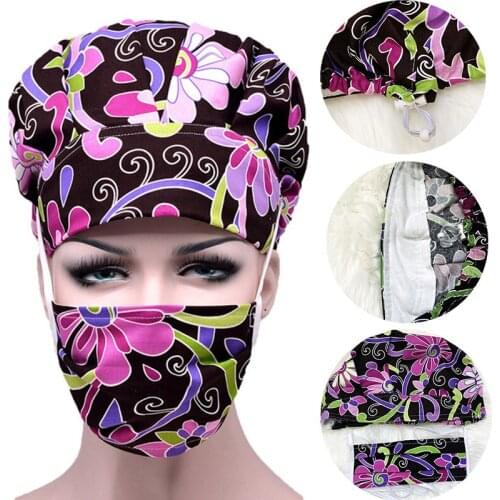 Scrubs Caps Sets for Women Flower Cartoon Printed Sweatband Hats Cotton Bouffant Caps Casual Washable Workwear Hats Accessories