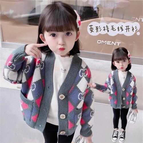 Plaid Girls Sweater Cardigan Kids Tops Stylish Thicken Warm Winter Autumn Wool Knitting Cashmere Christmas Children Clothing
