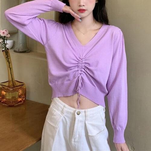 Knitwear Fashion Short V Neck Drawstring Knitting Sweater Streetwear Knitted Shirts V Neck for Going Out