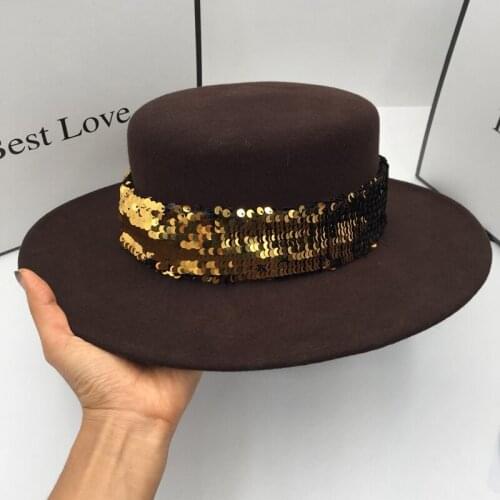 In the spring and autumn winter hats wool Coffee paillette big brim hat for women with light belt fashion