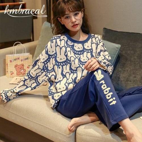 Womens Pajamas Autumn and Winter Long Sleeve Nightie Leisure Sleepwear Cute Cartoon Knitting Cotton Can Worn Outside Plus Size